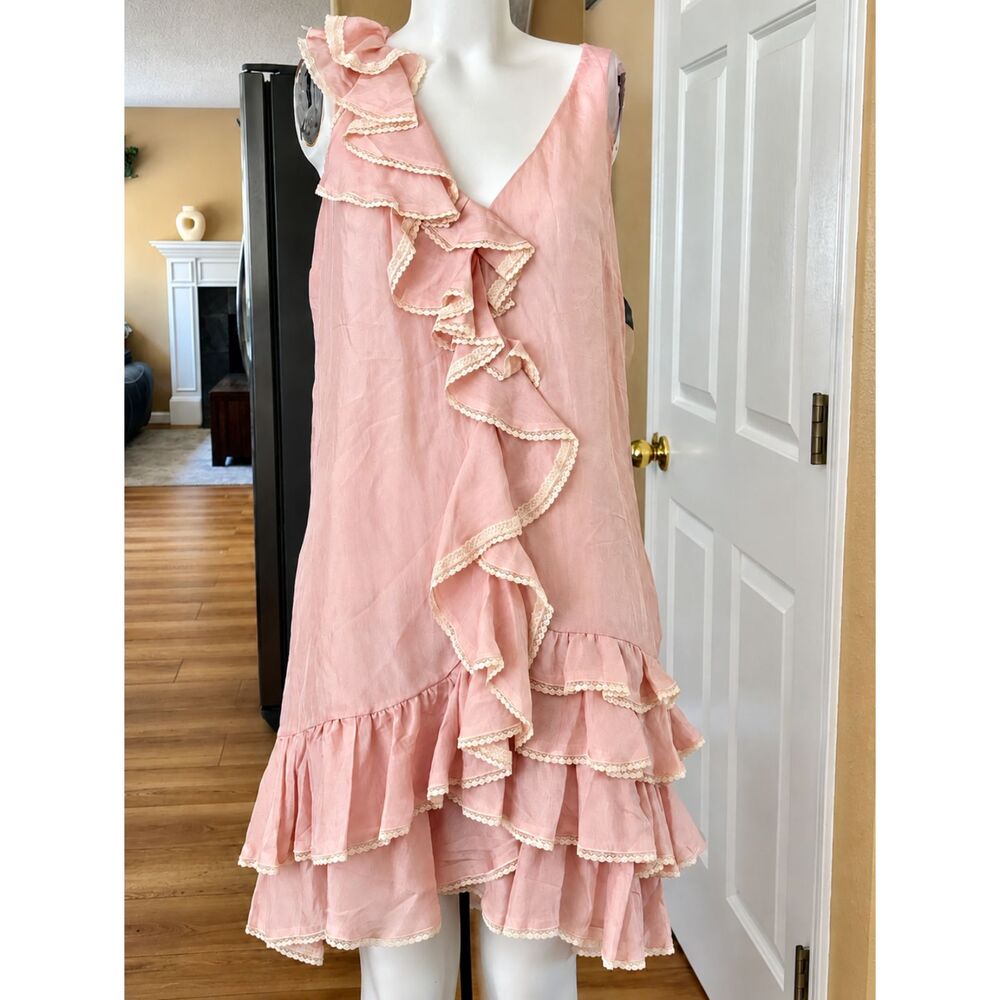 Red Valentino Pink Ruffle Lace Trim Sleeveless Midi Dress Size 6 EU 44